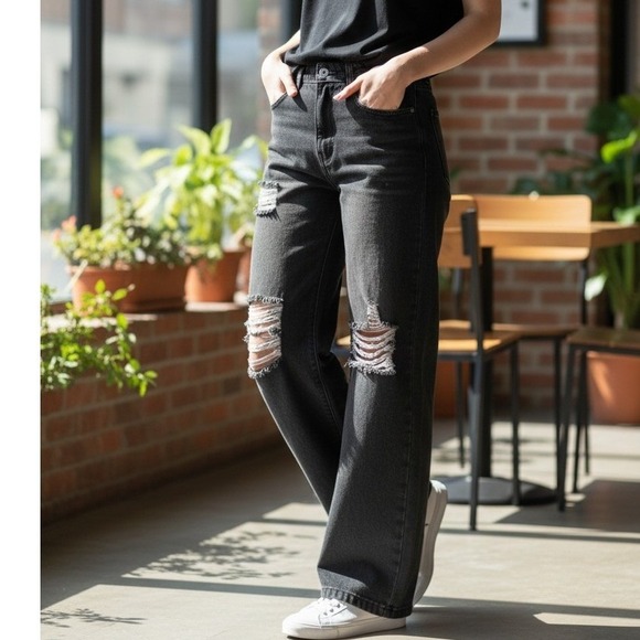 BYOUCOSY Denim - BYOUCOSY Womens Distressed Wide Leg Jeans Faded Black High Rise Ripped Size L